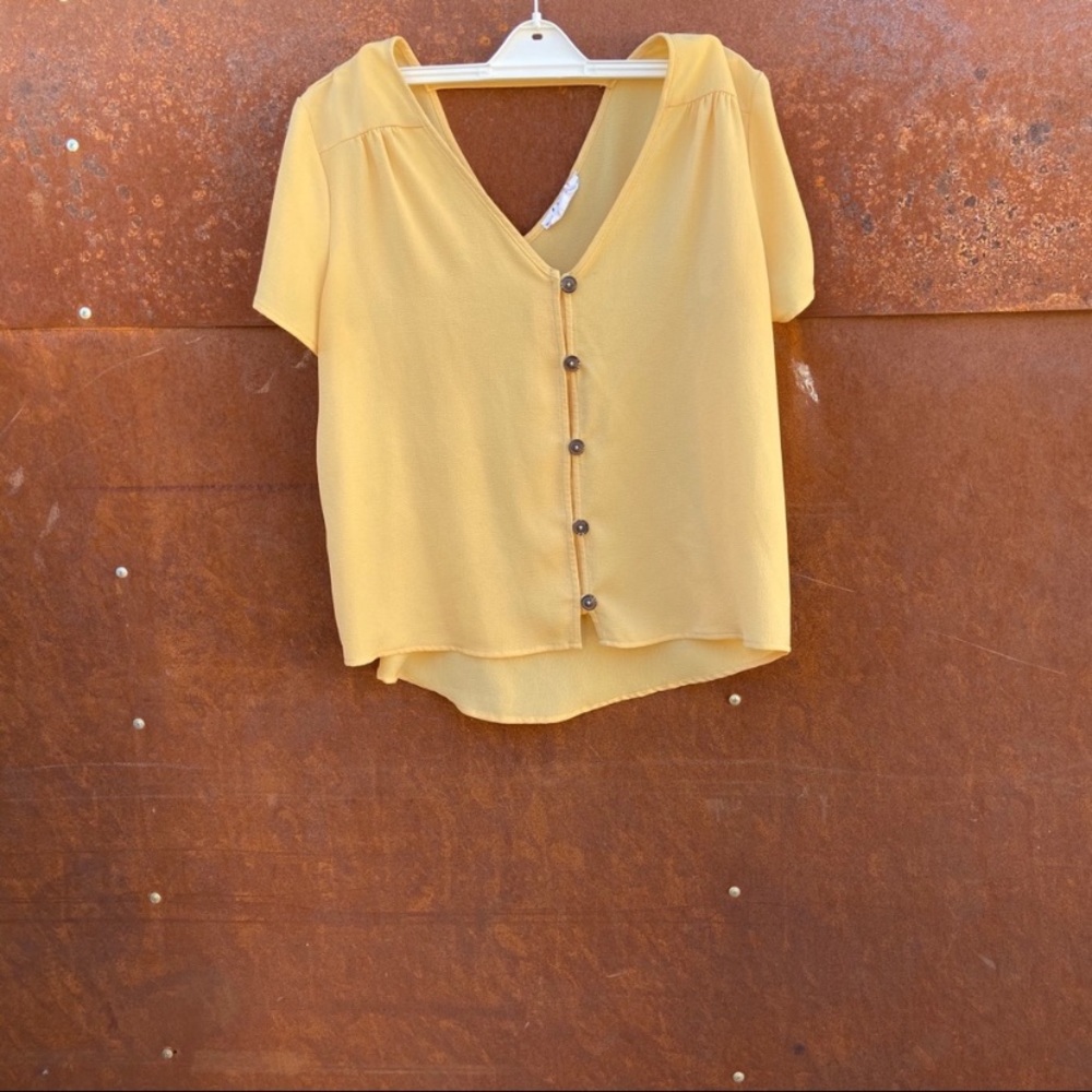 Yellow button down blouse v-neck